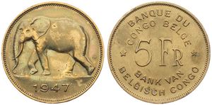 Belgian Congo, Colony, Prince Charles, 5 Francs Brass 1947, African Elephant left, KM 29, A.XF