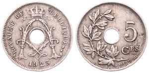 Belgium, Kingdom, Albert I, 5 Centimes Copper-Nickel 1923FR, Center hole within crowned monogram, Morin 363, SCARCE VARIETY WITH DOUBLE 2 IN DATE !, VF