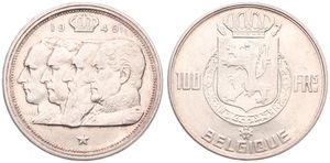 Belgium, Kingdom, Prince Charles, 100 Francs Silver 1949FR, Conjoined heads of four Kings, Morin 504, KEY DATE, XF/AU