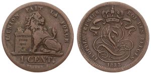 Belgium, Kingdom, Leopold I, 1 Centime Copper 1833, Seated lion with tablet, Morin 114, VF
