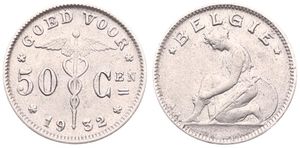 Belgium, Kingdom, Albert I, 50 Centimes Nickel 1932/22FL, Kneeling woman left, Morin 420a, VF