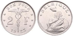 Belgium, Kingdom, Albert I, 2 Francs Nickel 1923FR, Kneeling woman left, Morin 391, A.UNC