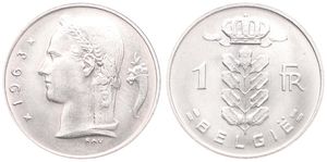 Belgium, Kingdom, Baudouin I, 1 Franc Copper-Nickel 1963FL, Head of Ceres left, Morin 617, UNC !