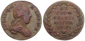 Austrian Netherlands, Joseph II, 2 Liards Copper 1781(b), Laureate bust right, KM 31 Brussels, A.VF