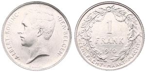 Belgium, Kingdom, Albert I, 1 Franc Silver 1910FL, Head left, Morin 289, XF