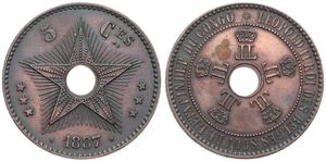 Congo Free State, Royal Domain, Leopold II, 5 Centimes Copper 1887, Center hole flanked by crowned monograms within beaded circle, KM 3, A.UNC