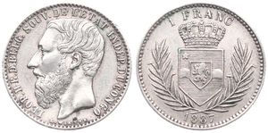 Congo Free State, Royal Domain, Leopold II, 1 Franc Silver 1887, Bearded head left, KM 6, KEY DATE, VF