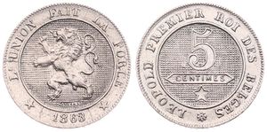 Belgium, Kingdom, Leopold I, 5 Centimes Copper-Nickel 1863, Rampant lion within circle left, Morin 139, A.UNC