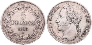 Belgium, Kingdom, Leopold I, 5 Francs Silver 1848, Laureate head left, Morin 14a, VARIETY : DOUBLE STAR BELOW DATE, VF