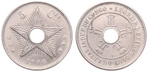 Congo Free State, Royal Domain, Leopold II, 5 Centimes Copper-Nickel 1906, Center hole flanked by crowned monograms within beaded circle, KM 9, A.UNC