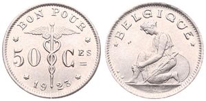 Belgium, Kingdom, Albert I, 50 Centimes Nickel 1923FR, Kneeling woman left, Morin 411, UNC