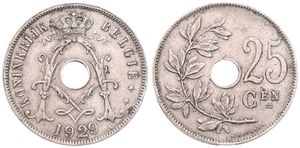 Belgium, Kingdom, Albert I, 25 Centimes Copper-Nickel 1929FL, Center hole within crowned monogram, Morin 336, SCARCE VARIETY WITH DOUBLE 2 IN DATE !, VF