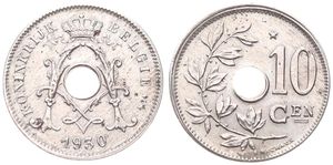 Belgium, Kingdom, Albert I, 10 Centimes Nickel-Brass 1930FL, Center hole within crowned monogram, Morin 425b, XF/AU