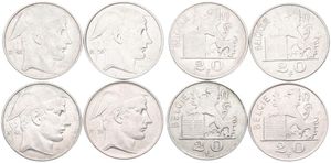 Belgium, Kingdom, Prince Charles, Good lot with 4 different 20 Francs silver coins in various grades including better items or grades...