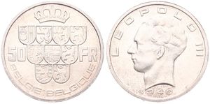 Belgium, Kingdom, Leopold III, 50 Francs Silver 1940FL/FR (Position A), Crown above nine shields, Morin 447a, XF/AU