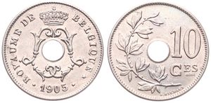 Belgium, Kingdom, Leopold II, 10 Centimes Copper-Nickel 1905FR, Center hole within crowned monogram, Morin 264, UNC