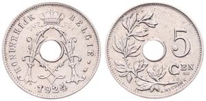 Belgium, Kingdom, Albert I, 5 Centimes Copper-Nickel 1924/14FL, Center hole within crowned monogram, Morin 365a, A.XF