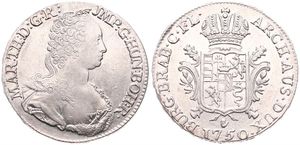 Austrian Netherlands, Maria Theresia, 1 Ducaton Silver 1750(h) R, Bust right with décolletage / Crowned ornate arms, KM 8 - Antwerp, XF