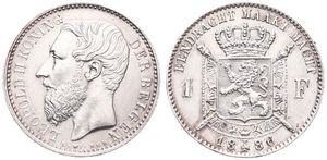 Belgium, Kingdom, Leopold II, 1 Franc Silver 1886FL, Bearded head left, Morin 178, UNC (slightly cleaned)