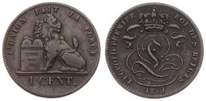 Belgium, Kingdom, Leopold I, 1 Centime Copper 1859, Seated lion with tablet, Morin 127a, VARIETY : WITHOUT DASH UNDER CENT !, A.XF