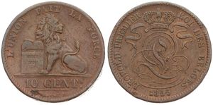 Belgium, Kingdom, Leopold I, 10 Centimes Copper 1855, Seated lion with tablet, Morin 66, RARE DATE !, F/VF (edgenicks)