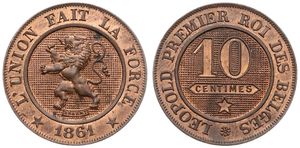 Belgium, Kingdom, Leopold I, 10 Centimes (ESSAI) Copper 1861, Rampant lion within circle left, Dupriez 858, UNC