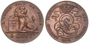 Belgium, Kingdom, Leopold I, 5 Centimes Copper 1851, Seated lion with tablet, Morin 78b, WITH LARGE 5 IN DATE, XF