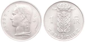 Belgium, Kingdom, Baudouin I, 1 Franc Copper-Nickel 1959FR, Head of Ceres left, Morin 608, UNC !