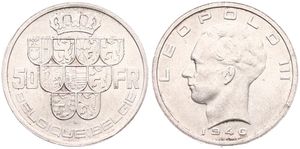 Belgium, Kingdom, Leopold III, 50 Francs Silver 1940FR/FL (Position B), Crown above nine shields, Morin 446b, XF/AU