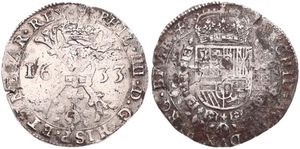 Spanish Netherlands, Philip IV, 1 Patagon Silver 1633, Cross with crown and golden fleece within circle / Crowned arms within circle, VH 645.AN - Antwerp, A.VF