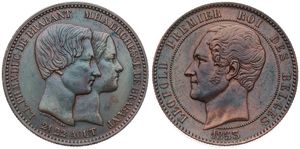 Belgium, Kingdom, Leopold I, 10 Centimes (Medallic) Copper 1853, Marriage of the Duke and Dutchess of Brabant, Morin M/3a, (With large date), XF