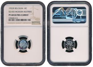 Belgium, Kingdom, Baudouin I, Modern Restrike from 10 Centimes Silver 1952FL, Helmeted mine worker left, Morin NL, NGC Graded PF 68 ULTRA CAMEO