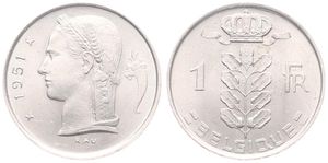 Belgium, Kingdom, Prince Charles, 1 Franc Copper-Nickel 1951FR, Head of Ceres left, Morin 529, UNC
