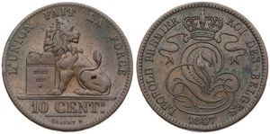 Belgium, Kingdom, Leopold I, 10 Centimes Copper 1847/37, Seated lion with tablet, Morin 63b, VF 