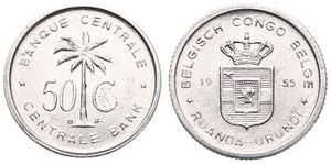 Ruanda-Urundi, Province, Baudouin I, 50 Centimes Aluminum 1955, Oil palm divides denomination, KM 2, A.UNC
