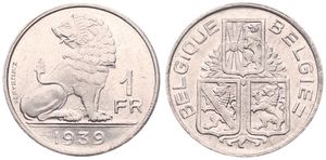 Belgium, Kingdom, Leopold III, 1 Franc Nickel 1939FR/FL, Seated lion right looking left, Morin 458, UNC