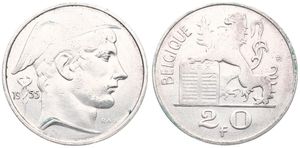 Belgium, Kingdom, Baudouin I, 20 Francs Silver 1955FR, Helmeted head of Mercurius right, Morin 549, EXTREMELY RARE KEY DATE !, VF