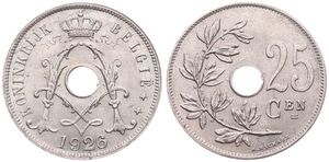 Belgium, Kingdom, Albert I, 25 Centimes Copper-Nickel 1926FL, Center hole within crowned monogram, Morin 330, UNC