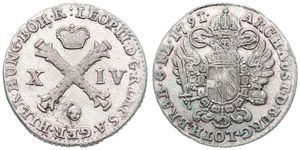 Austrian Netherlands, Leopold II, 14 Liards Silver 1791(b), Burgundian cross divides value / Crowned imperial double eagle, KM 39 Brussels, VF
