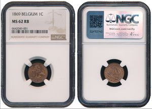 Belgium, Kingdom, Leopold II, 1 Centime Copper 1869FR, Seated lion with tablet, Morin 219, NGC Graded MS 62 RB