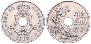 Belgium, Kingdom, Leopold II, 25 Centimes Copper-Nickel 1909FR, Center hole within crowned monogram, Morin 256, XF