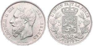 Belgium, Kingdom, Leopold II, 5 Francs Silver 1873, Bearded head left, Morin 160a, VARIETY WITH LONG 'PROTEGE' IN EDGE, XF