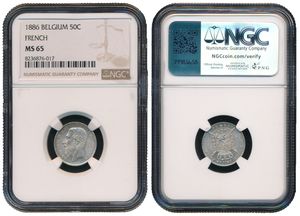 Belgium, Kingdom, Leopold II, 50 Centimes Silver 1886FR, Bearded head left, Morin 184, NGC Graded MS 65