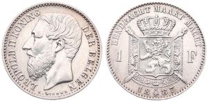 Belgium, Kingdom, Leopold II, 1 Franc Silver 1887FL, Bearded head left, Morin 179, XF (slightly cleaned)