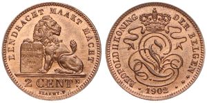 Belgium, Kingdom, Leopold II, 2 Centimes Copper 1902FL, Seated lion with tablet, Morin 214, UNC (coin has been varnished)