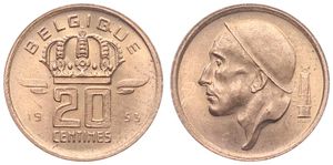 Belgium, Kingdom, Baudouin I, 20 Centimes Bronze 1953FR, Helmeted mine worker left, Morin 726, UNC !