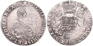 Spanish Netherlands, Philip IV, 1 Ducaton Silver 1642, Bust right within circle / Crowned arms with lion supporters, VH 642.BS - Brussels, A.VF