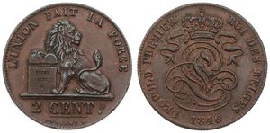 Belgium, Kingdom, Leopold I, 2 Centimes Copper 1846, Seated lion with tablet, Morin 95, XF