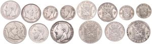 Belgium, Kingdom, Leopold II, Good lot with 7 older Silver 1/2, 1 & 2 Francs coins in various grades including better items...