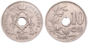 Belgium, Kingdom, Albert I, 10 Centimes Copper-Nickel 1928FL, Center hole within crowned monogram, Morin 350, SCARCE VARIETY WITH DOUBLE 8 IN DATE !, VF